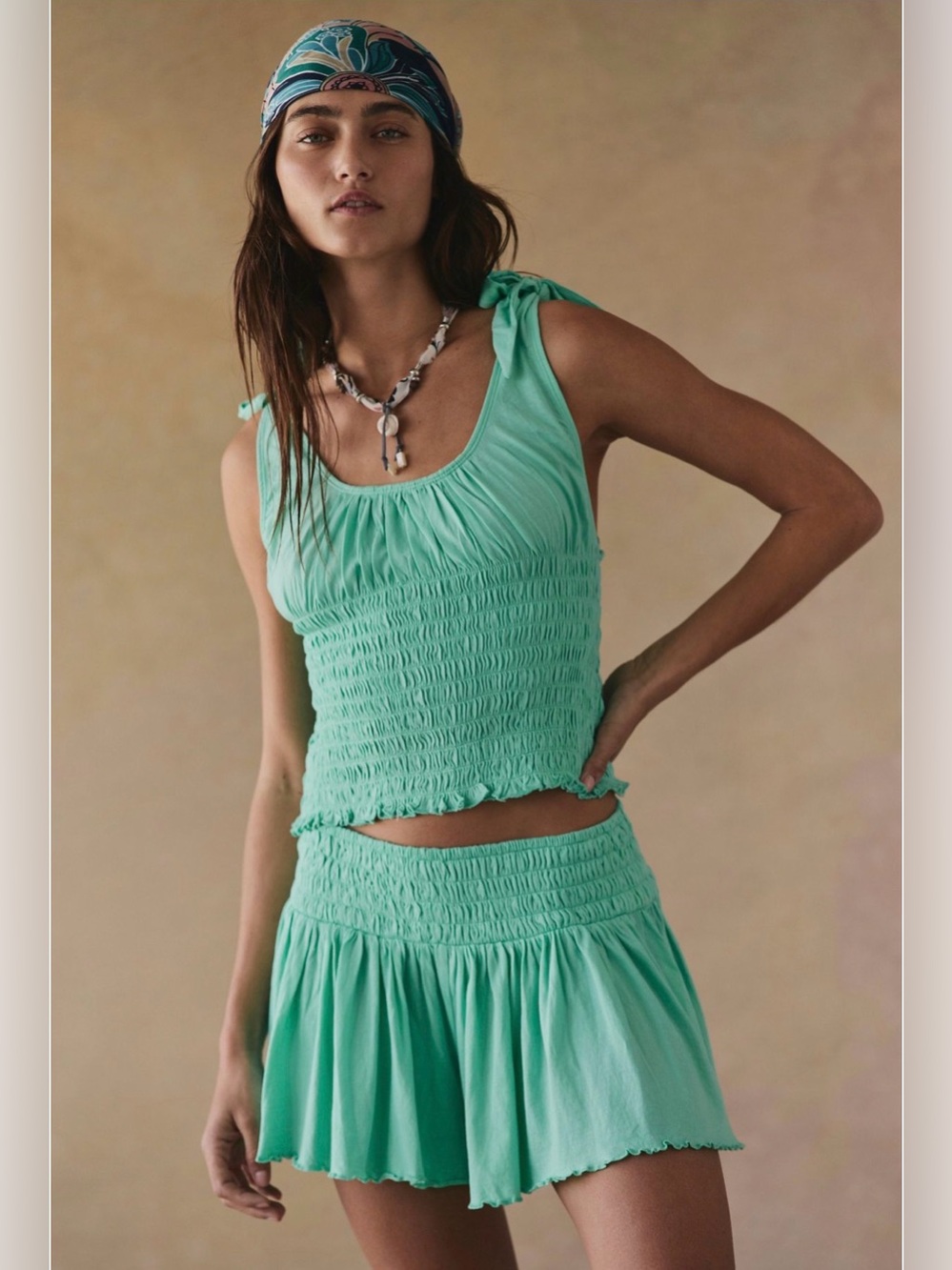 ✨ Free People Jade Mint Cute & Smocked Tank Top and Shorts Set -  Size XS NWT